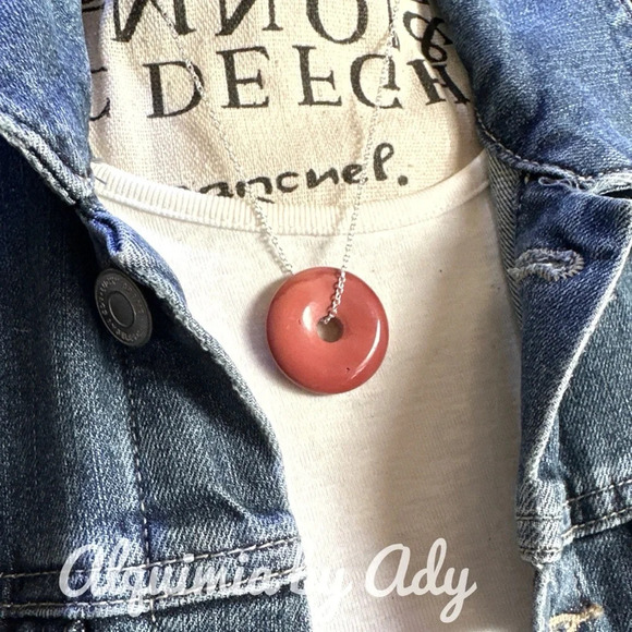 Rhodonite maxi donut circle 925 silver statement chunky necklace - Picture 2 of 2